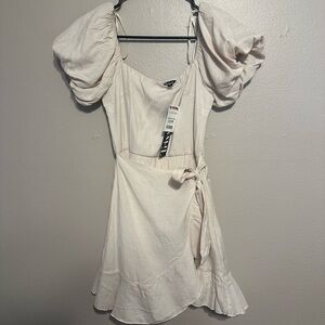 Cream Ruched Puff Sleeve Mini Dress